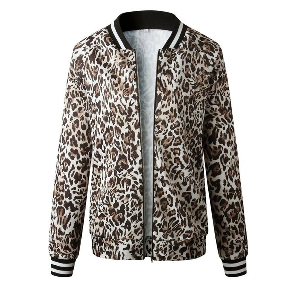 New Women's Zipper Front Leopard Print Long Sleeve Loose Fit Bomber Jacket - Picture 5 of 5